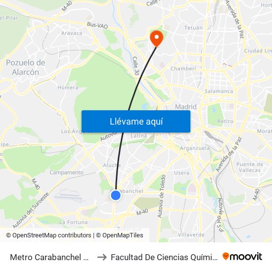 Metro Carabanchel Alto to Facultad De Ciencias Químicas map