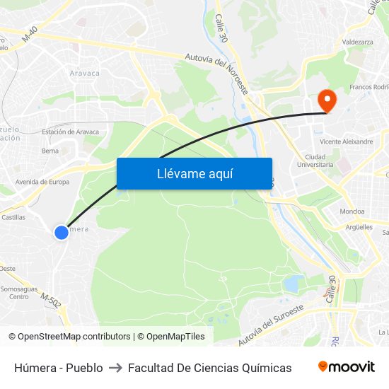 Húmera - Pueblo to Facultad De Ciencias Químicas map