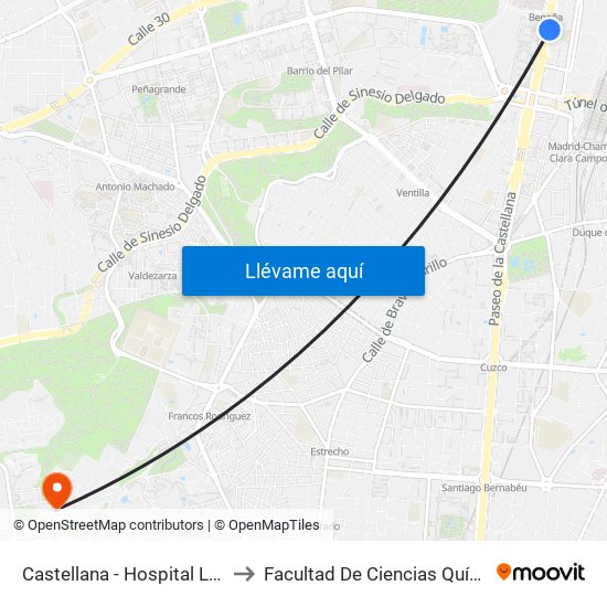 Castellana - Hospital La Paz to Facultad De Ciencias Químicas map