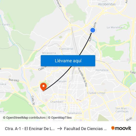 Ctra. A-1 - El Encinar De Los Reyes to Facultad De Ciencias Químicas map