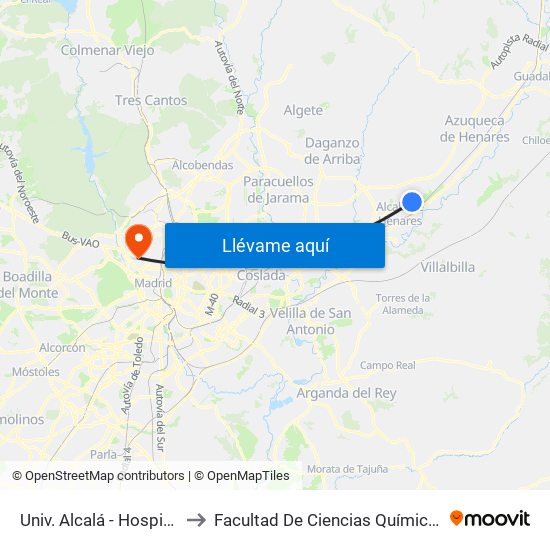 Univ. Alcalá - Hospital to Facultad De Ciencias Químicas map