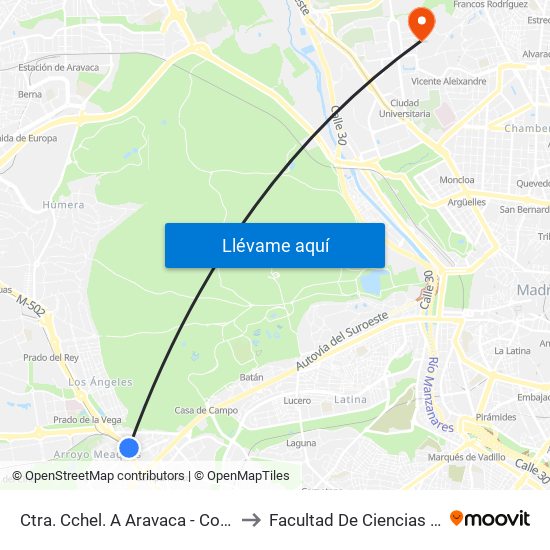 Ctra. Cchel. A Aravaca - Colonia Jardín to Facultad De Ciencias Químicas map