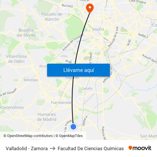 Valladolid - Zamora to Facultad De Ciencias Químicas map