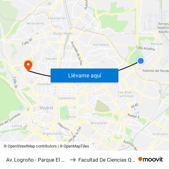 Av. Logroño - Parque El Capricho to Facultad De Ciencias Químicas map
