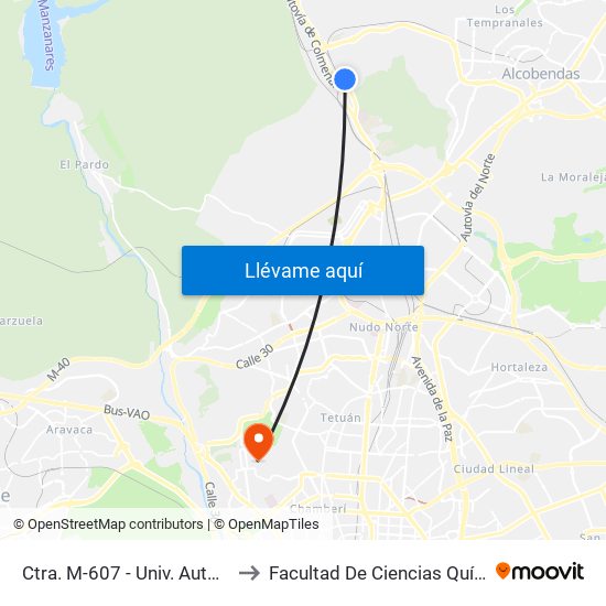 Ctra. M-607 - Univ. Autónoma to Facultad De Ciencias Químicas map