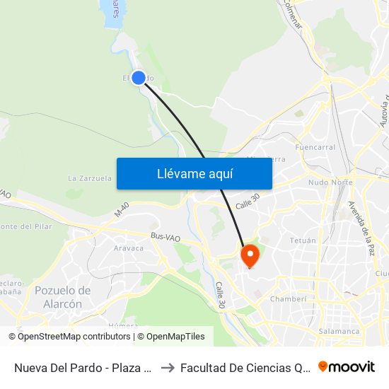 Nueva Del Pardo - Plaza El Pardo to Facultad De Ciencias Químicas map