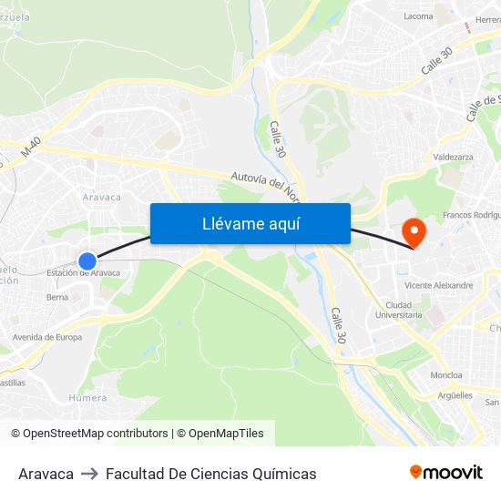 Aravaca to Facultad De Ciencias Químicas map
