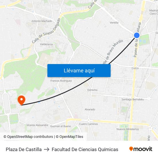 Plaza De Castilla to Facultad De Ciencias Químicas map
