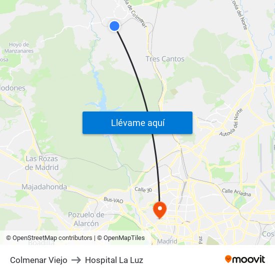 Colmenar Viejo to Hospital La Luz map