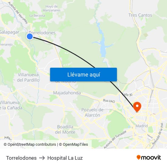Torrelodones to Hospital La Luz map