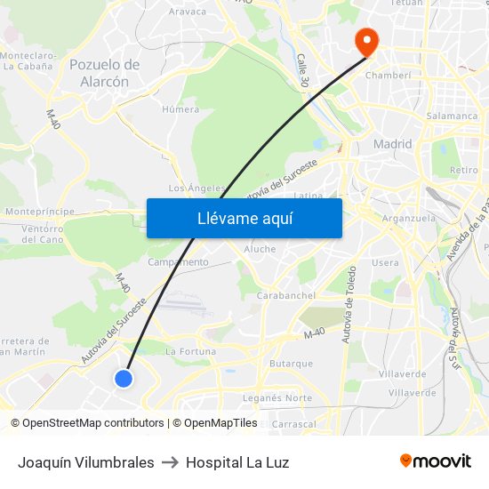 Joaquín Vilumbrales to Hospital La Luz map