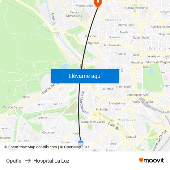 Opañel to Hospital La Luz map