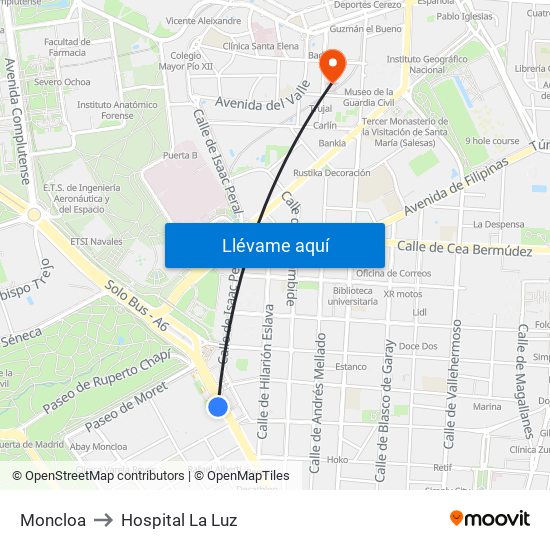 Moncloa to Hospital La Luz map