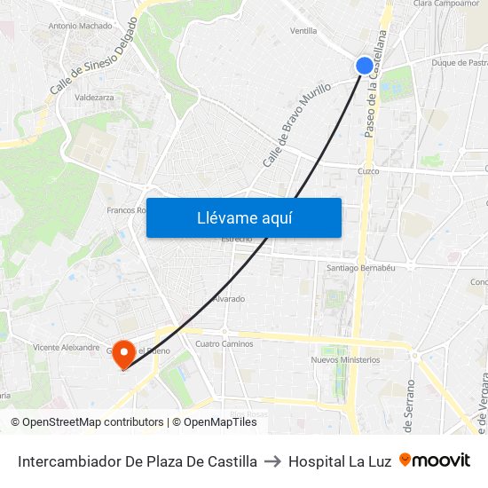 Intercambiador De Plaza De Castilla to Hospital La Luz map