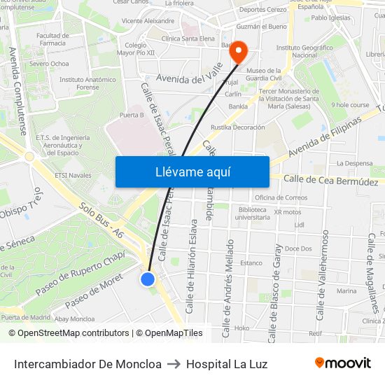 Intercambiador De Moncloa to Hospital La Luz map