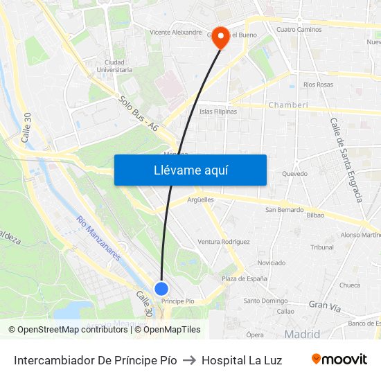 Intercambiador De Príncipe Pío to Hospital La Luz map