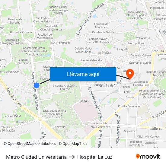 Metro Ciudad Universitaria to Hospital La Luz map