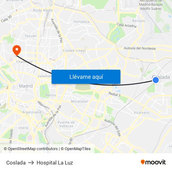 Coslada to Hospital La Luz map