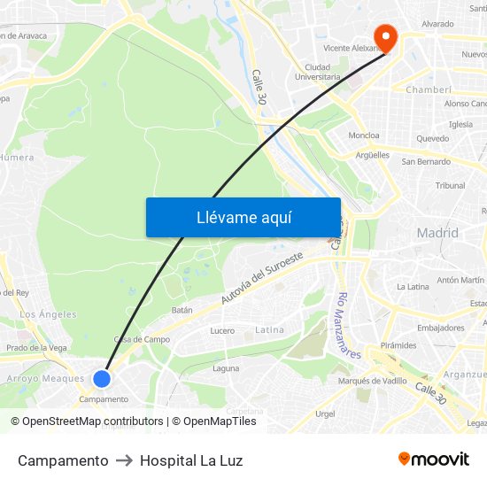 Campamento to Hospital La Luz map