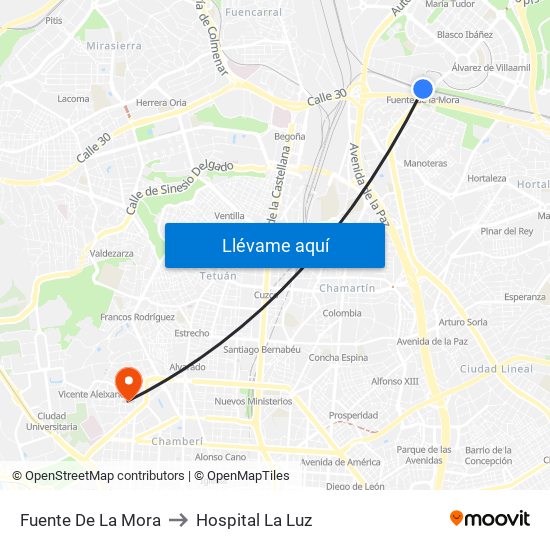 Fuente De La Mora to Hospital La Luz map