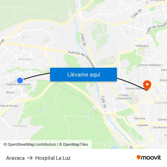 Aravaca to Hospital La Luz map