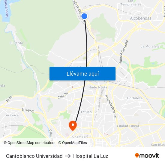 Cantoblanco Universidad to Hospital La Luz map