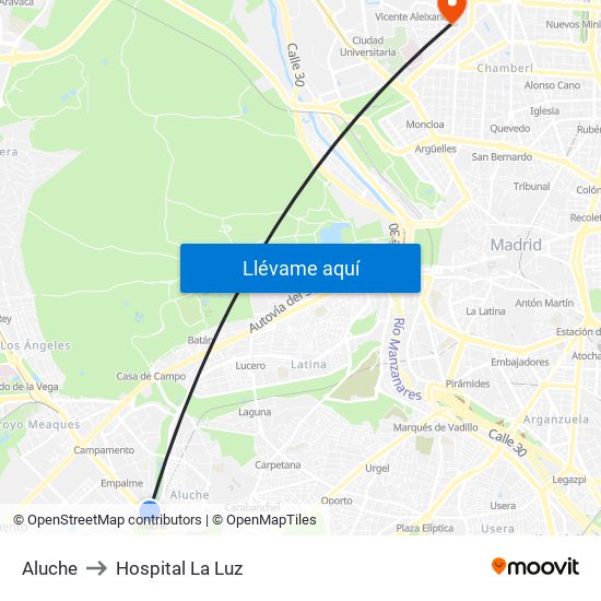 Aluche to Hospital La Luz map