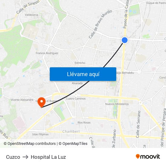 Cuzco to Hospital La Luz map