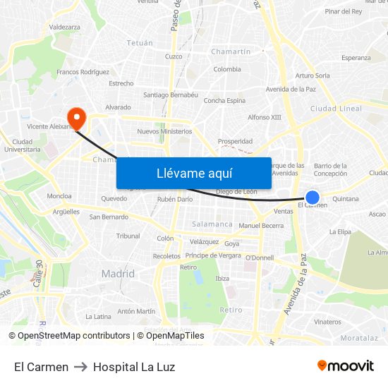 El Carmen to Hospital La Luz map
