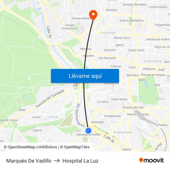 Marqués De Vadillo to Hospital La Luz map