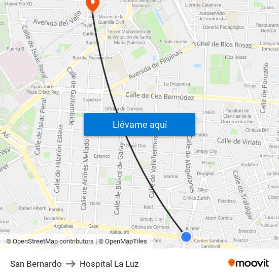 San Bernardo to Hospital La Luz map