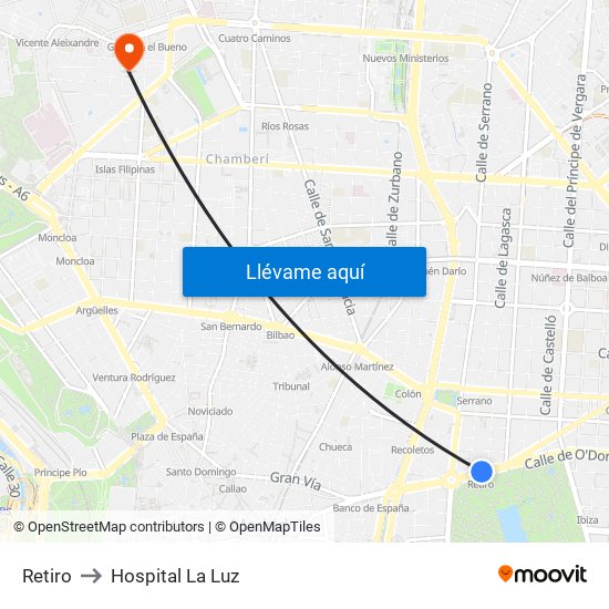 Retiro to Hospital La Luz map