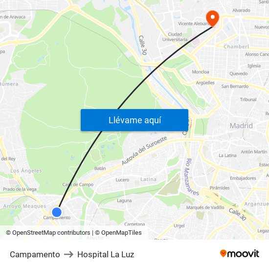 Campamento to Hospital La Luz map