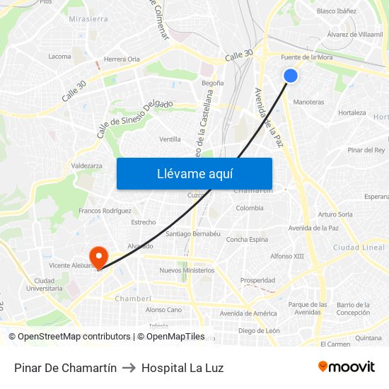 Pinar De Chamartín to Hospital La Luz map