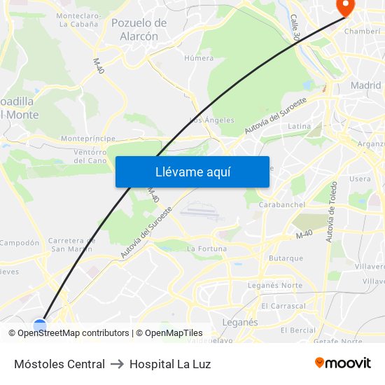 Móstoles Central to Hospital La Luz map