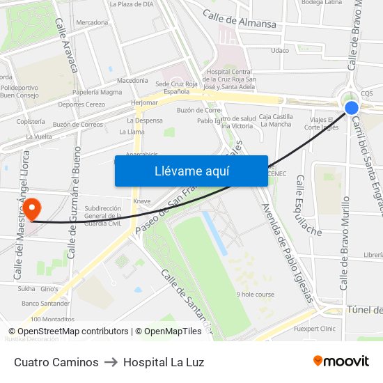 Cuatro Caminos to Hospital La Luz map