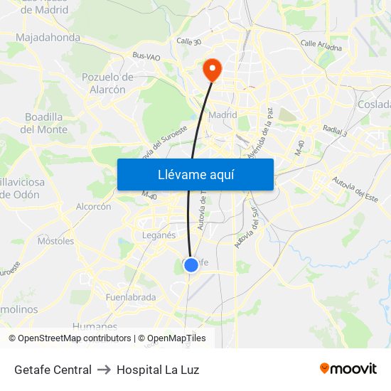 Getafe Central to Hospital La Luz map