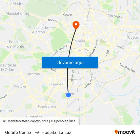 Getafe Central to Hospital La Luz map