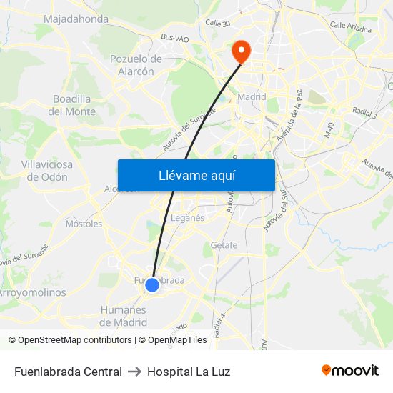 Fuenlabrada Central to Hospital La Luz map