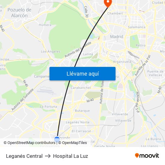 Leganés Central to Hospital La Luz map