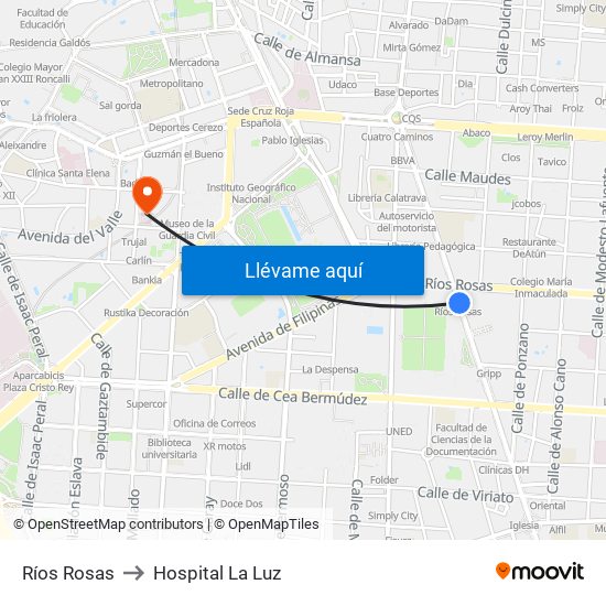 Ríos Rosas to Hospital La Luz map