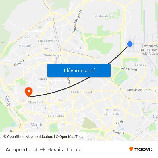 Aeropuerto T4 to Hospital La Luz map