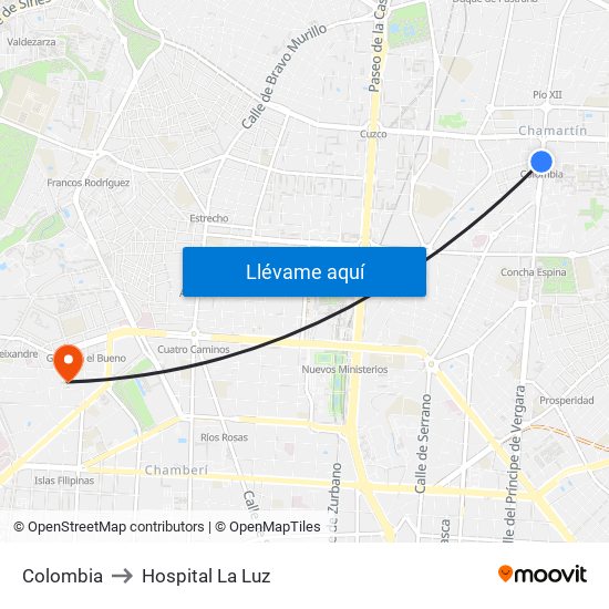 Colombia to Hospital La Luz map
