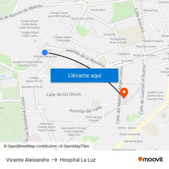 Vicente Aleixandre to Hospital La Luz map