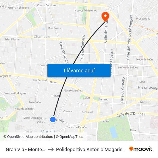 Gran Vía - Montera to Polideportivo Antonio Magariños map