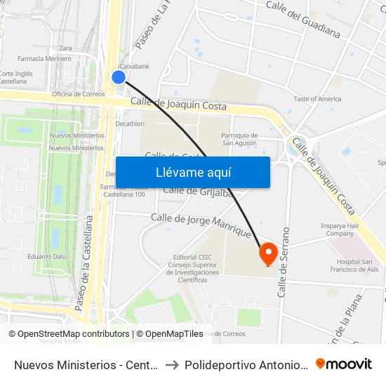 Nuevos Ministerios - Centro Comercial to Polideportivo Antonio Magariños map