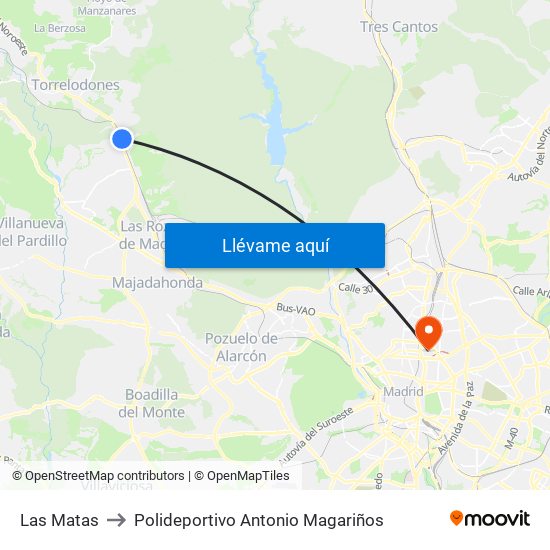 Las Matas to Polideportivo Antonio Magariños map