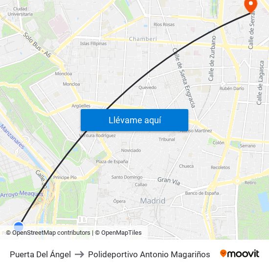 Puerta Del Ángel to Polideportivo Antonio Magariños map