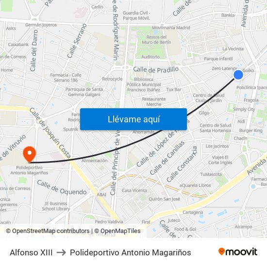 Alfonso XIII to Polideportivo Antonio Magariños map