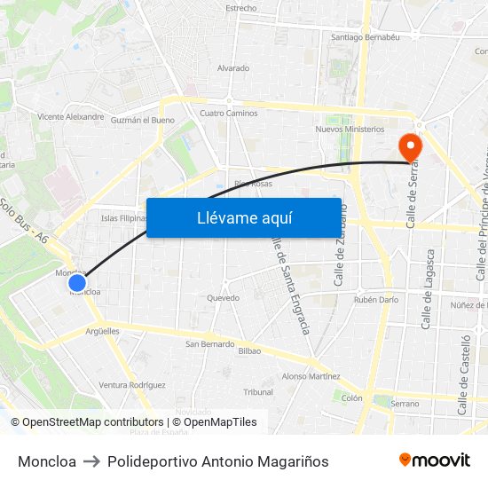 Moncloa to Polideportivo Antonio Magariños map